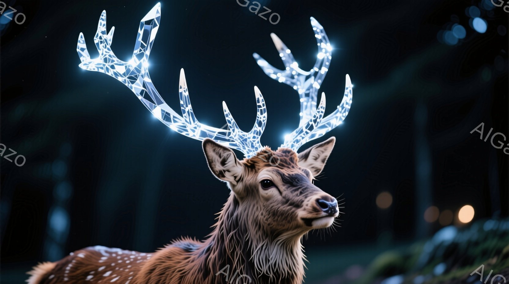 深い森の中にいる鹿が写っている。その鹿は茶色の毛並みで、頭には光り輝く結晶のような角が生えている。背景は暗く、ぼんやりとした光の点が散見され、神秘的な雰囲気を醸し出している。
