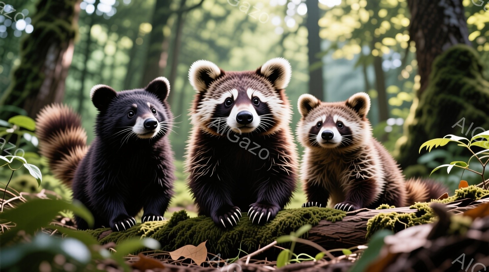 鬱蒼とした緑の森の中で、3匹のアライグマが丸太の上で並んで座っています。中央のアライグマは少し大きく、両脇はやや小さめです。彼らは皆、好奇心といたずらっぽさを湛えた表情で、こちらを見つめており、周囲の自然光が彼らの毛並みを明るく照らしています。