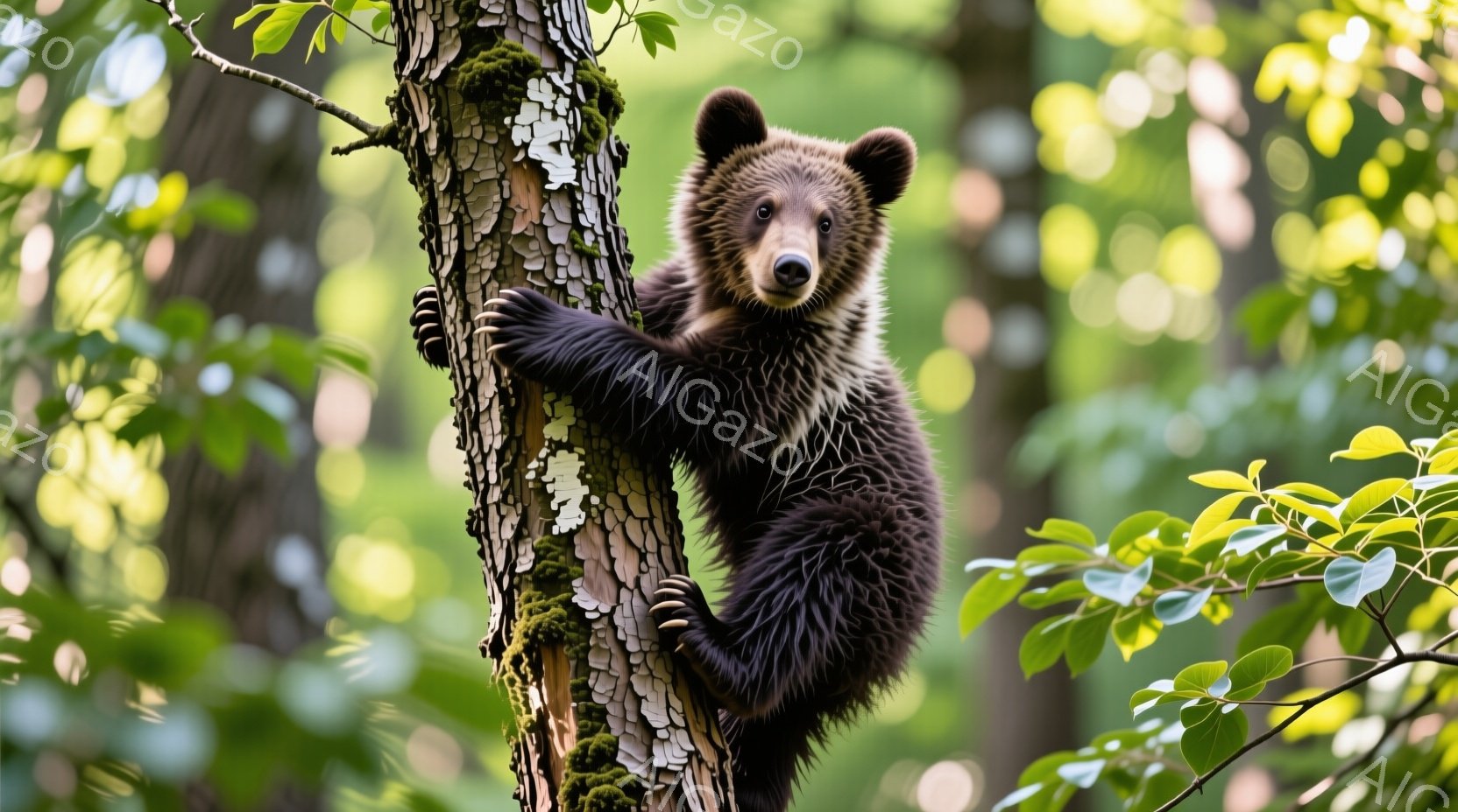幼い熊が、苔むした木の幹にしがみついています。その毛並みは暗褐色で、光を受けて艶やかに輝いています。周囲は緑豊かな森林で、柔らかい光が差し込み、平和で自然な雰囲気を醸し出しています。