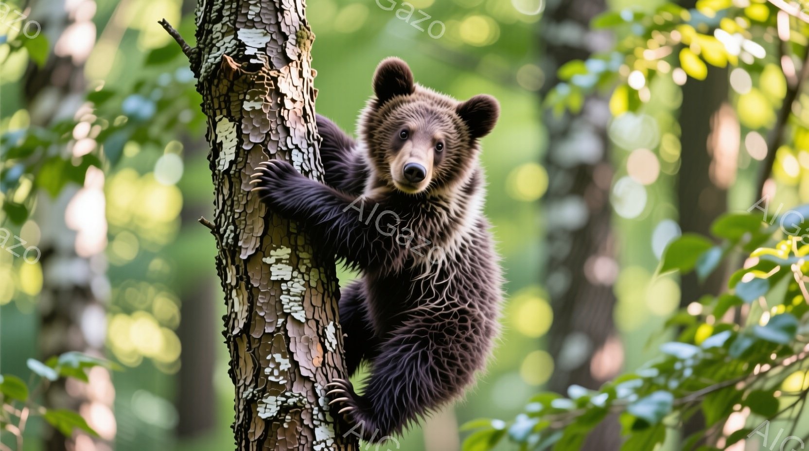 幼い熊が木の幹にしがみつき、上を見上げている。その毛並みは濃い茶色で、ふっくらとした体型が愛らしい印象を与える。背景は緑豊かな葉っぱで覆われ、柔らかい光が差し込み、穏やかな森の雰囲気を醸し出している。