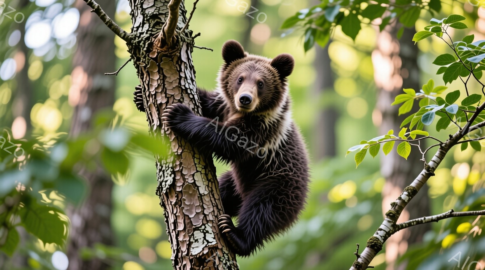 茶色の毛並みの子グマが、白っぽい木の幹によじ登っている様子が捉えられています。つぶらな瞳でこちらを見つめ、少し困ったような、または好奇心旺盛な表情を浮かべています。背景には緑豊かな葉が生い茂る木々が広がり、自然の中で活発に過ごすグマの様子が伝わってきます。