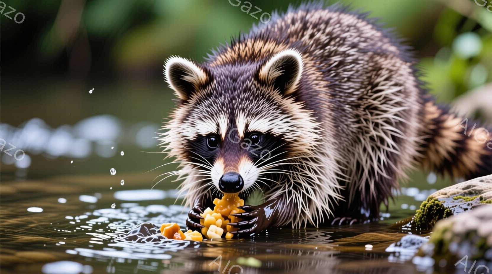 アライグマが浅い水の中に立ち、前足で黄色い食べ物（おそらくパスタ）をつかんで食べている。その毛並みは水で濡れており、表情は真剣で、食べ物に集中している様子がうかがえる。背景は緑豊かな自然で、苔むした岩場と水面が穏やかで、全体的に静かで自然な雰囲気が漂っている。