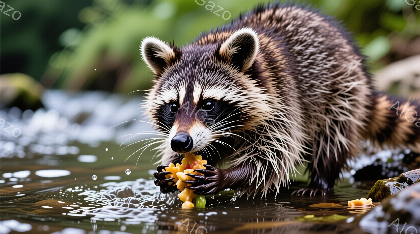 濡れた毛並みを持つアライグマが、水の中でオレンジ色の食べ物を食べている姿が捉えられています。アライグマは前足で食べ物を持ち、真剣な表情で食事を楽しんでいます。背景には水面と緑豊かな自然があり、全体的に - AI生成フリー素材