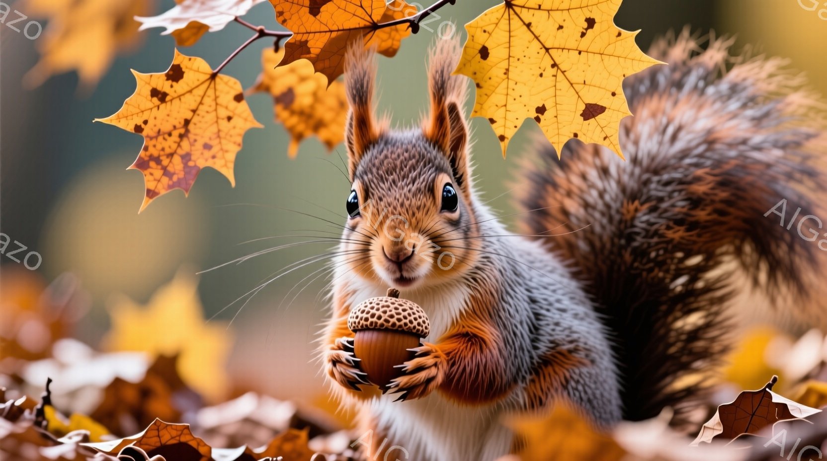 鮮やかなオレンジ色のカエデの葉に囲まれたリスが、前足でドングリを抱えています。リスは丸い瞳でカメラを見つめ、可愛らしい表情をしています。背景は秋の自然で、全体的に暖かく、穏やかな雰囲気が漂っています。