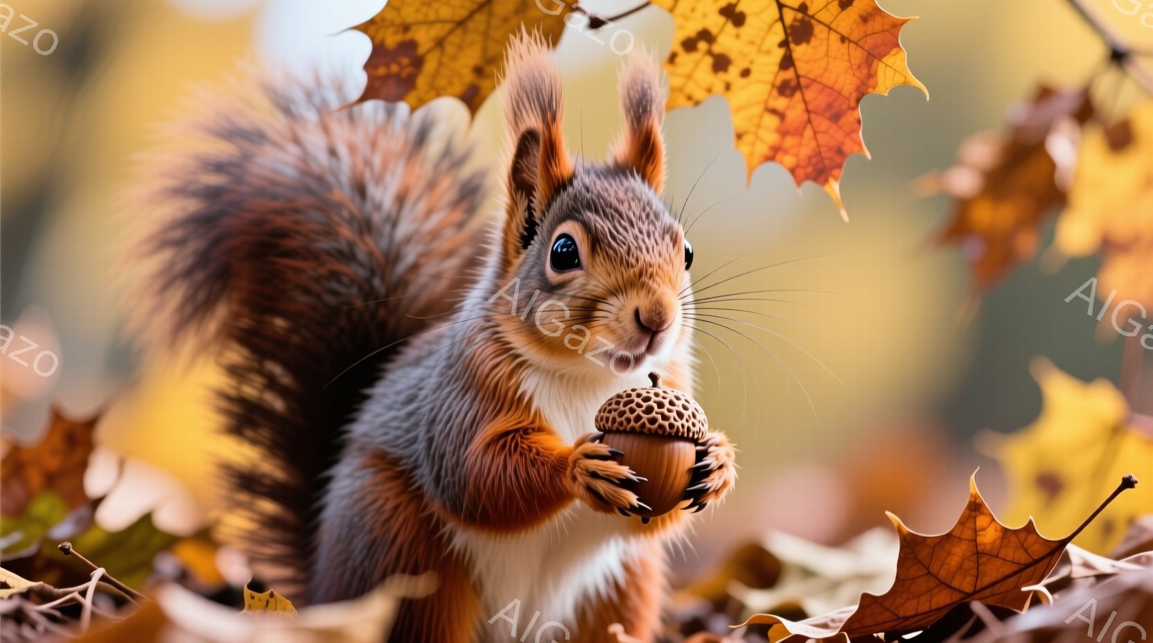 赤褐色の毛並みが美しいリスが、前足でドングリを抱えています。その表情は丸く可愛らしく、少し得意げな様子が伺えます。背景には秋らしい紅葉が散りばめられており、暖かく穏やかな雰囲気を醸し出しています。 - AI生成フリー素材