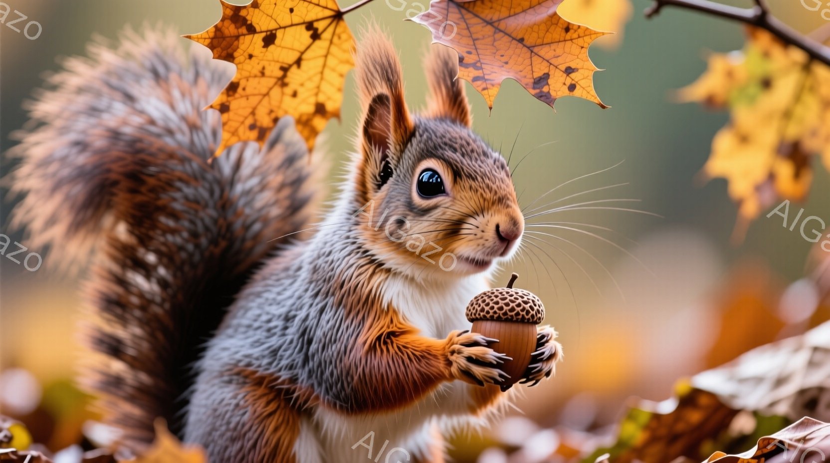 リスが木の実を抱え、正面を見つめている姿が捉えられています。毛並みは茶色と灰色が混ざり合い、ふっくらとした尻尾が特徴的です。背景には落ち葉が広がり、秋の暖かく穏やかな雰囲気を醸し出しています。