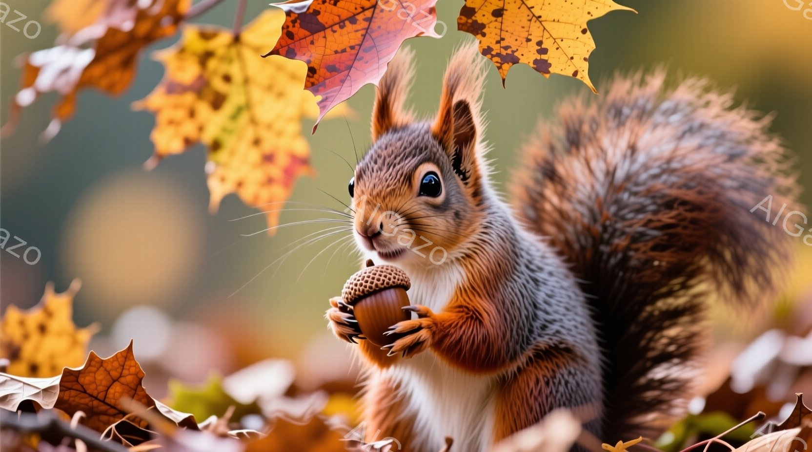 明るい茶色のリスが、前足でどんぐりを抱えています。ふっくらとした頬と、つぶらな瞳が愛らしい表情をしています。背景には、鮮やかな紅葉の葉が散りばめられ、秋の暖かく穏やかな雰囲気を醸し出しています。 - AI生成フリー素材