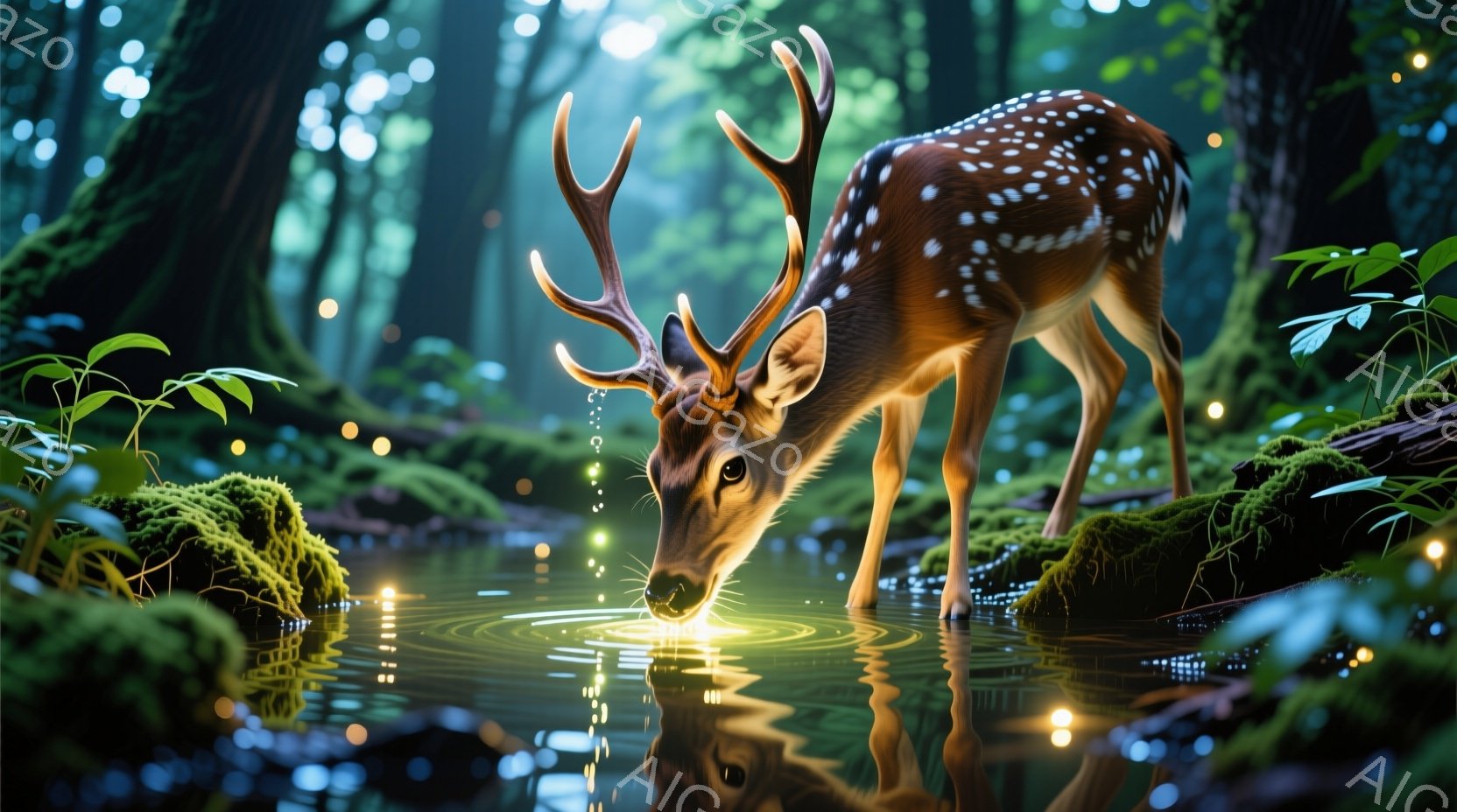 森の中で、美しい斑点模様の鹿が水たまりで水を飲んでいます。鹿は顔を水面に近づけ、集中した表情で水を飲み、その姿は静かで穏やかです。背景は緑豊かな植物で覆われ、水面には光が反射し、幻想的な雰囲気を醸し出 - AI生成フリー素材