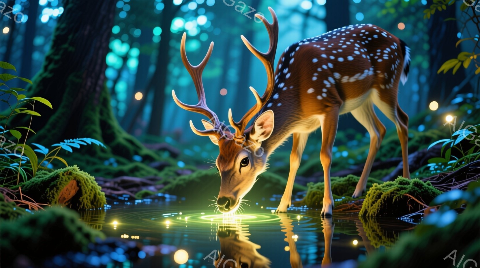 湿った緑豊かな森の中で、美しい斑点模様のシカが水たまりで水を飲んでいます。シカは優雅な姿勢で、穏やかな表情で、周囲の苔むした岩や茂み、そして光る粒のようなものが散りばめられた幻想的な背景が印象的です。 - AI生成フリー素材