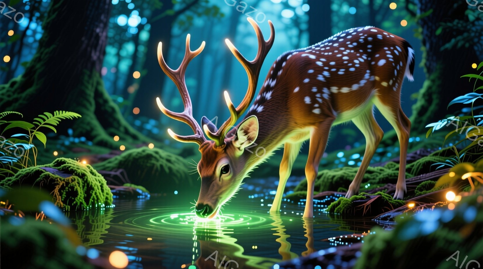 深い森の中で、美しい斑点模様のシカが水溜まりの水を飲んでいます。シカは頭を下げ、優雅な姿勢で水を飲み、周囲の緑豊かな自然と調和しています。背景には鮮やかな緑の苔や植物が茂り、幻想的な光が点在し、神秘的 - AI生成フリー素材