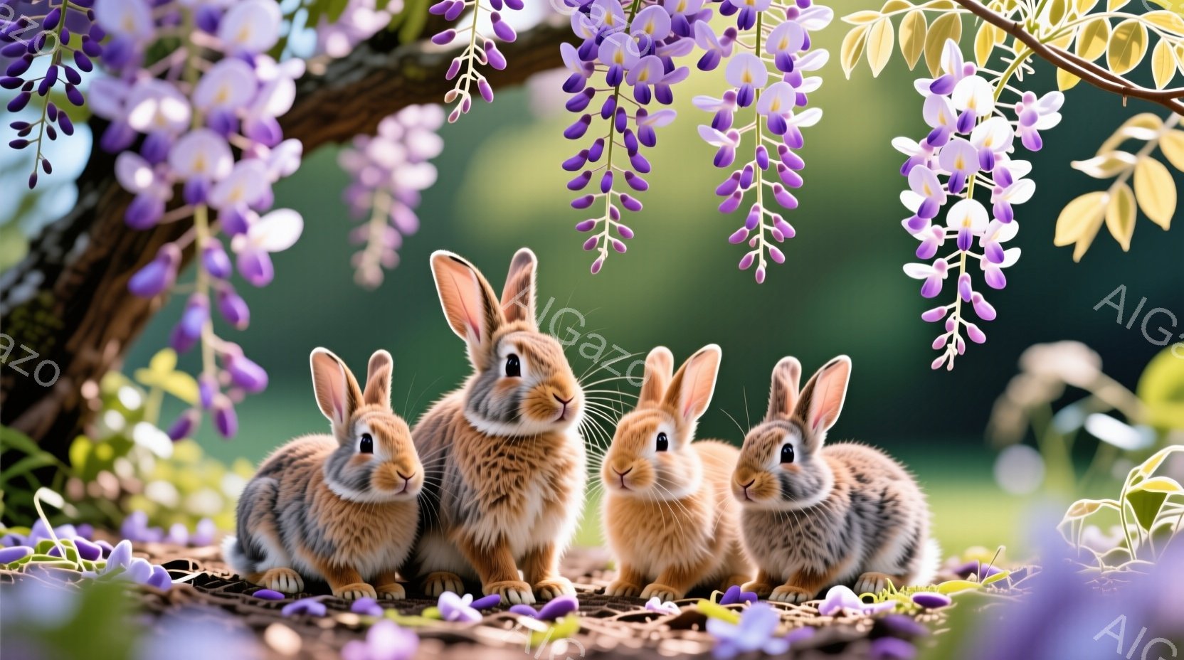 紫色の藤の花の下に、ふわふわの茶色のウサギが四匹並んで座っています。ウサギたちは皆、前方をじっと見つめており、穏やかで可愛らしい表情をしています。背景は緑豊かな自然で、春の穏やかな日差しが感じられる、暖かく優しい雰囲気です。