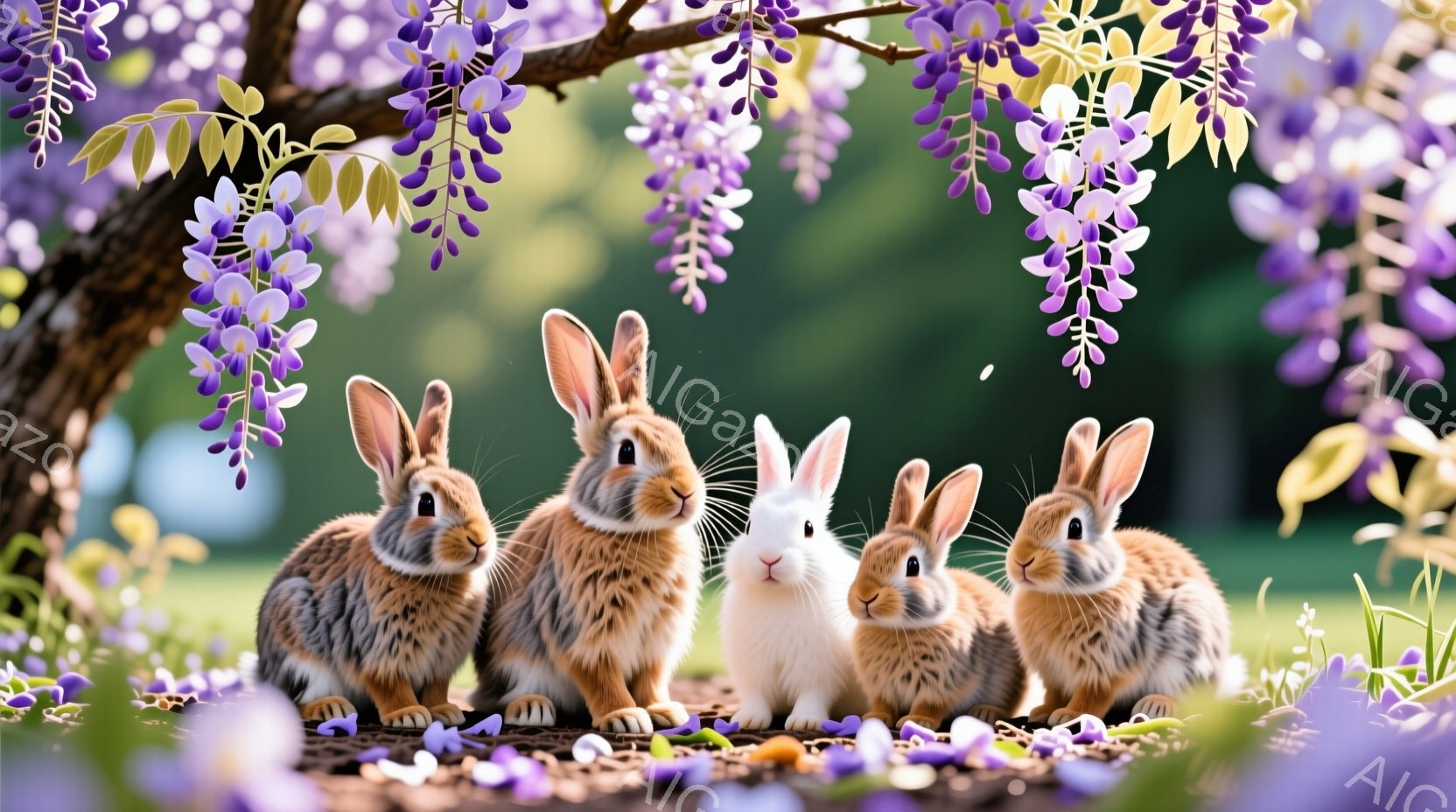 濃い紫色の藤の花が咲き乱れる中で、四匹のウサギが並んで座っています。毛色は茶色、白、黒と様々で、それぞれ異なる模様を持ち、前足を揃えてこちらを見ています。背景は緑の草むらとボケた光で、春の穏やかで美しい雰囲気を醸し出しています。