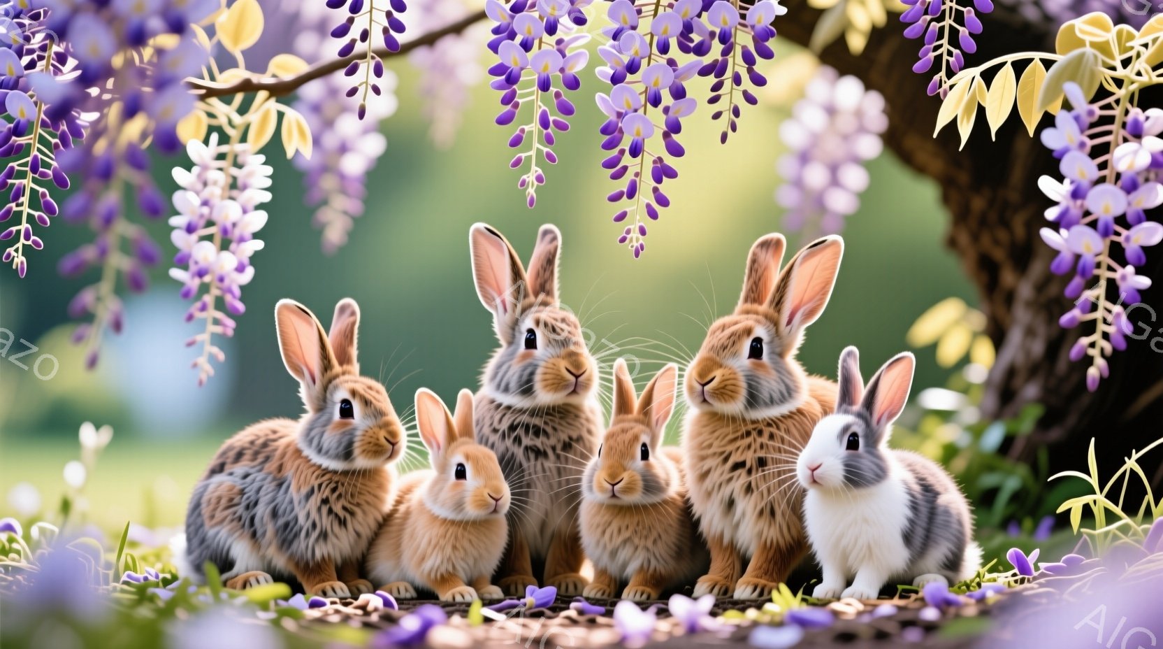 紫色の藤の花の下で、様々な毛並みのウサギが５匹並んで座っています。ウサギたちは皆、前を向き、穏やかで優しい表情を浮かべており、花びらが散りばめられた地面に落ち着いています。背景は緑豊かな自然で、明るい日差しが差し込み、全体的に穏やかで可愛らしい雰囲気を醸し出しています。