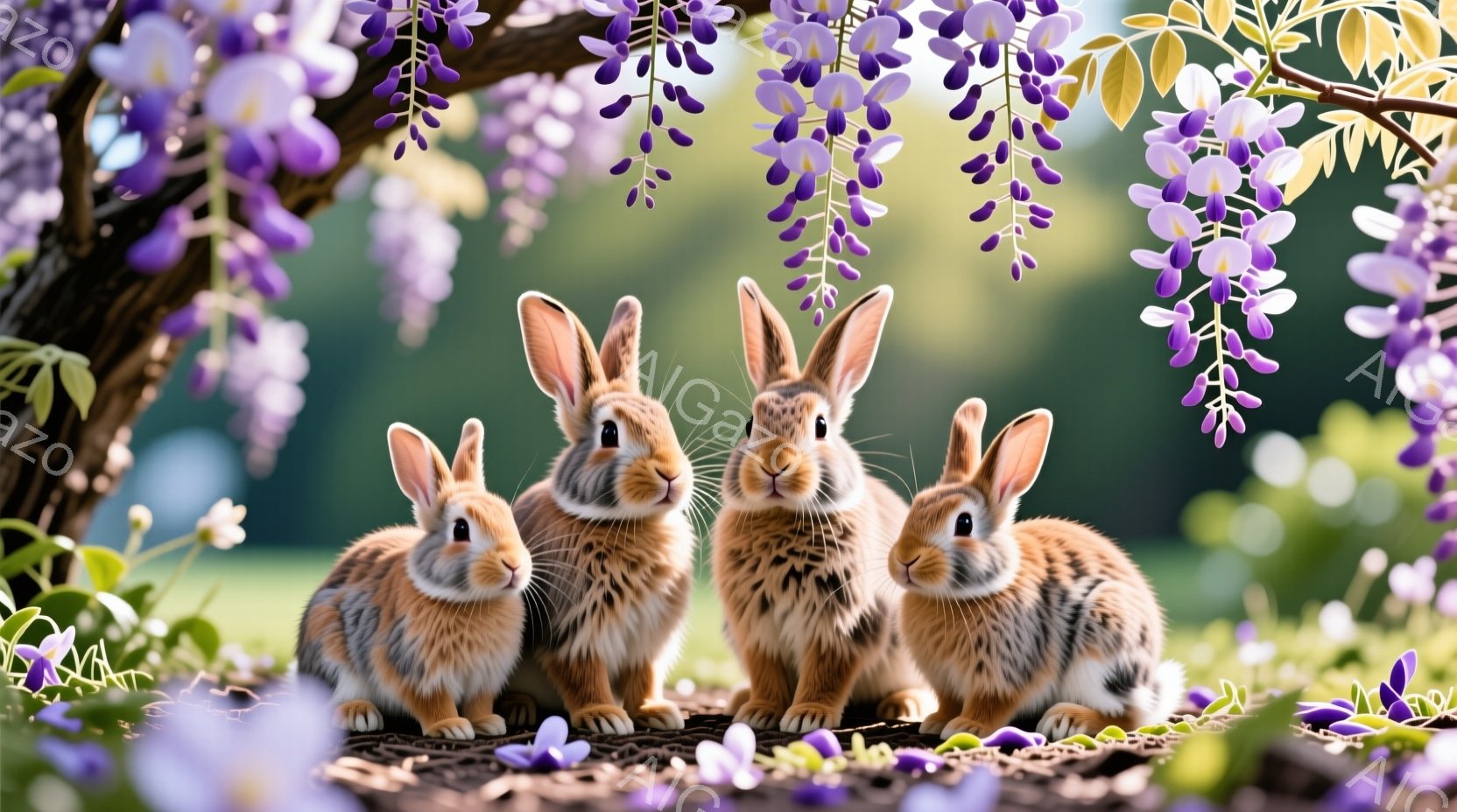 三匹のうさぎが紫色の藤の花の下に座ってこちらを見ています。毛並みは茶色と白で、表情は穏やかで可愛らしいです。背景には緑の芝生と、咲き乱れる藤の花が広がり、春の暖かい雰囲気を醸し出しています。