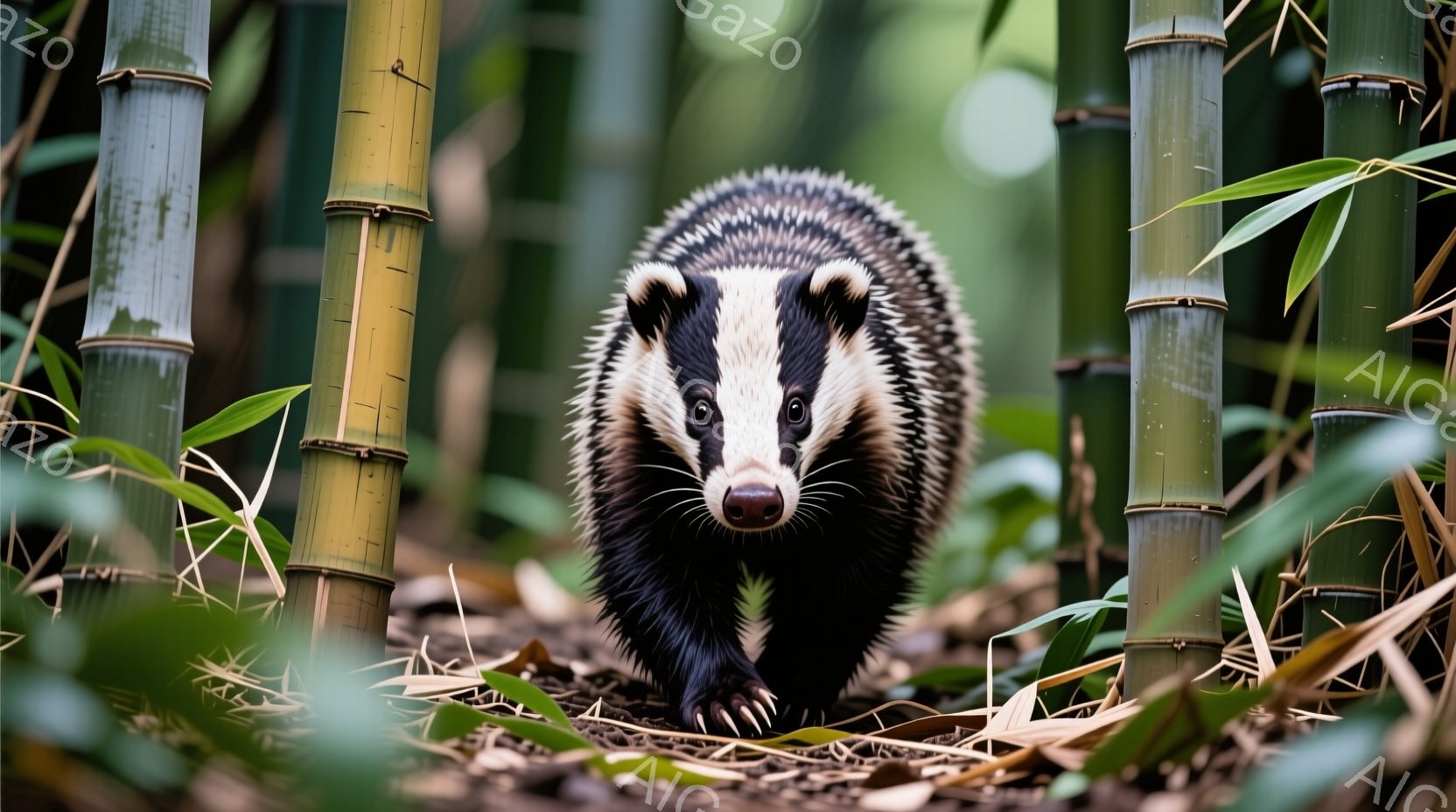 イタチが茶色い落ち葉と竹林の中を正面から見て、こちらに向かって歩いている様子が捉えられています。白と黒のコントラストが強い毛並みと、鋭い眼差しが印象的で、獲物を狙っているかのような緊張感があります。背景の緑と茶色のグラデーションが、イタチの姿をより際立たせています。