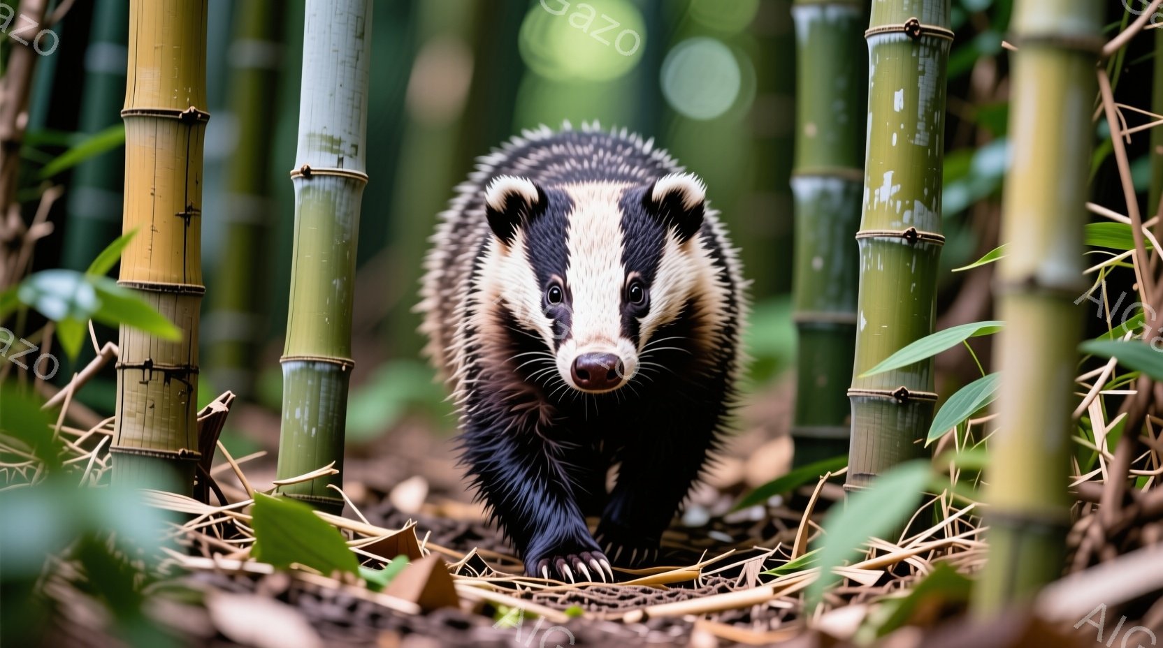 イタチが竹林の中をまっすぐこちらに向かって歩いてきている様子が捉えられています。その顔は好奇心と警戒心で満ちており、鋭い眼差しが特徴的です。背景には緑色の竹が立ち並び、地面には枯れ葉が散らばり、自然豊 - AI生成フリー素材