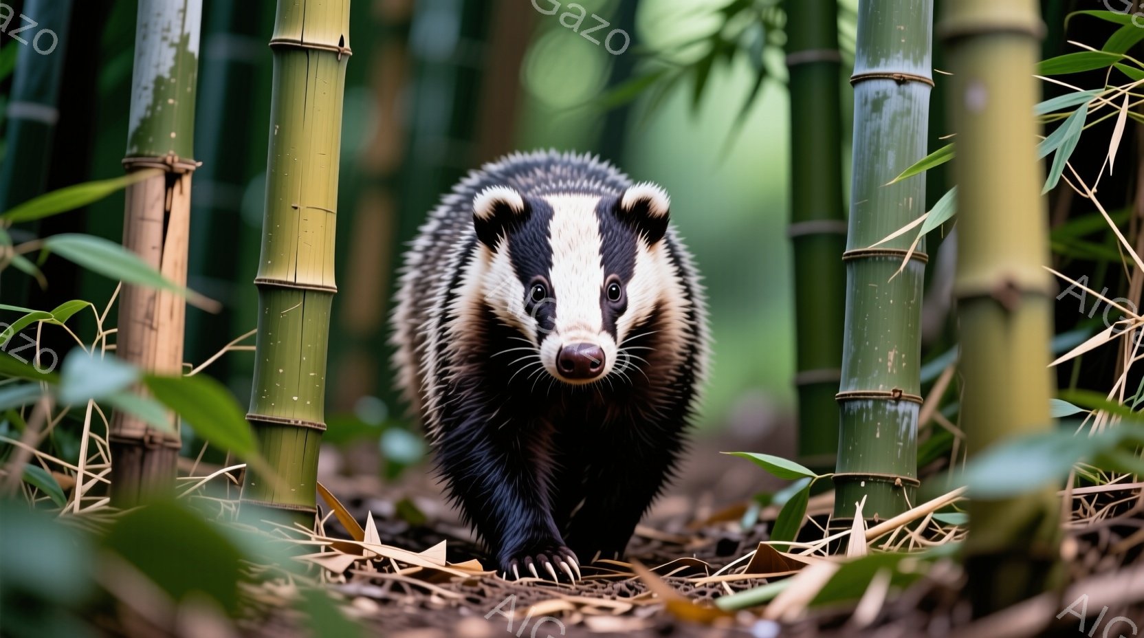 緑豊かな竹林の中を歩くアナグマを描いています。アナグマは、特徴的な黒と白の縞模様を持ち、まっすぐカメラの方を見ています。背景は、様々な高さの竹が密集しており、地面は落ち葉で覆われています。