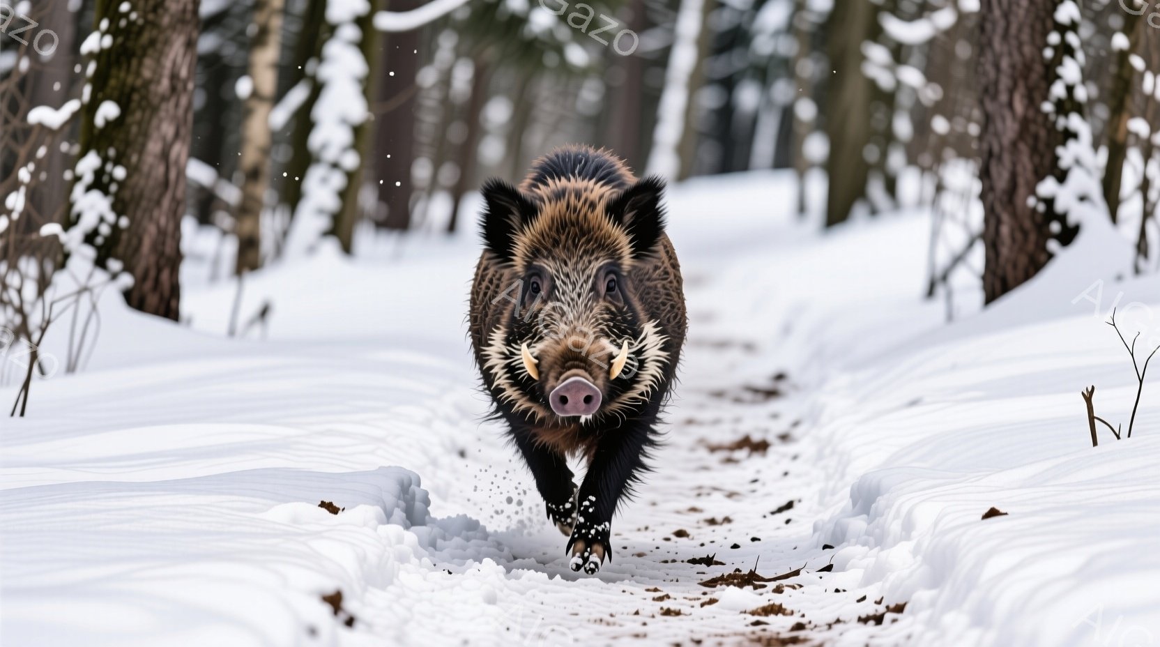 白い雪景色の中、黒いイノシシが力強く駆けている姿が捉えられている。雪道にはイノシシの足跡が残り、周囲は冬の木々が立ち並び、雪が降り積もっている。イノシシは前方をまっすぐ見据え、凛々しく、力強い雰囲気を - AI生成フリー素材