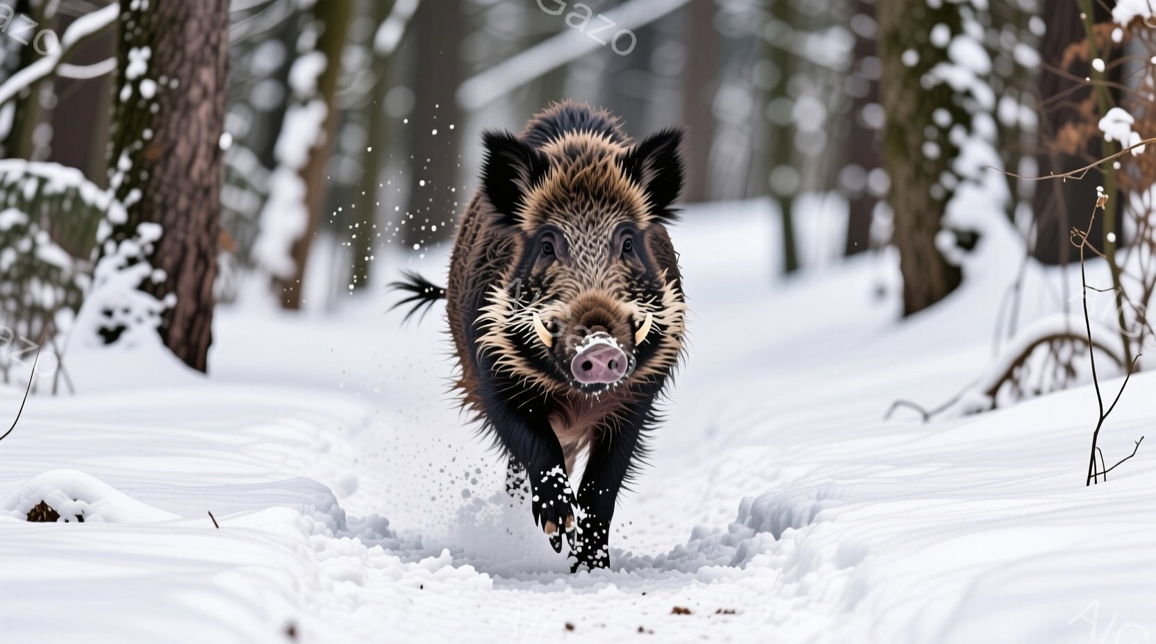 厚い雪の上を、大きなイノシシが力強く走り抜けている。泥と雪が飛び散り、鋭い牙と強靭な脚が印象的だ。背景にはうっすらと木々が見え、冬の厳しい自然の中で生きるイノシシの生命力を感じさせる。