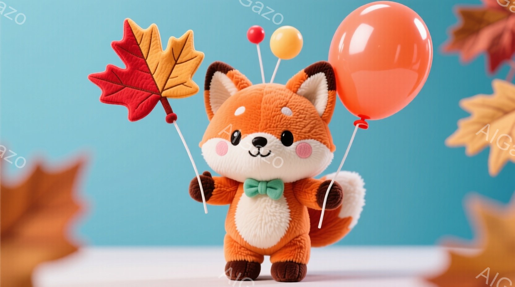 鮮やかなオレンジ色のキツネのぬいぐるみが、赤いカエデの葉とオレンジ色の風船を持って立っています。キツネはエメラルドグリーンのリボンで首を飾り、愛らしい表情をしています。背景は水色のグラデーションで、落ち葉が散りばめられ、秋の暖かく優しい雰囲気を醸し出しています。