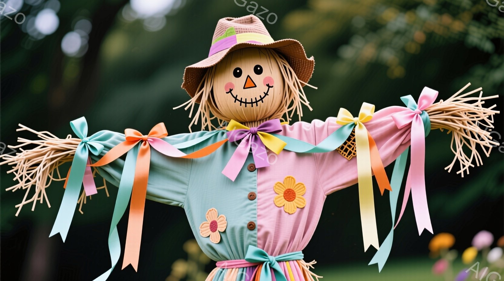 藁で作られた人形で、水色のシャツとピンク色のスカートを着ています。顔はシンプルな形で、目と口が描かれており、笑顔を見せています。背景には緑豊かな植物が見え、晴れた日の穏やかな雰囲気が伝わってきます。