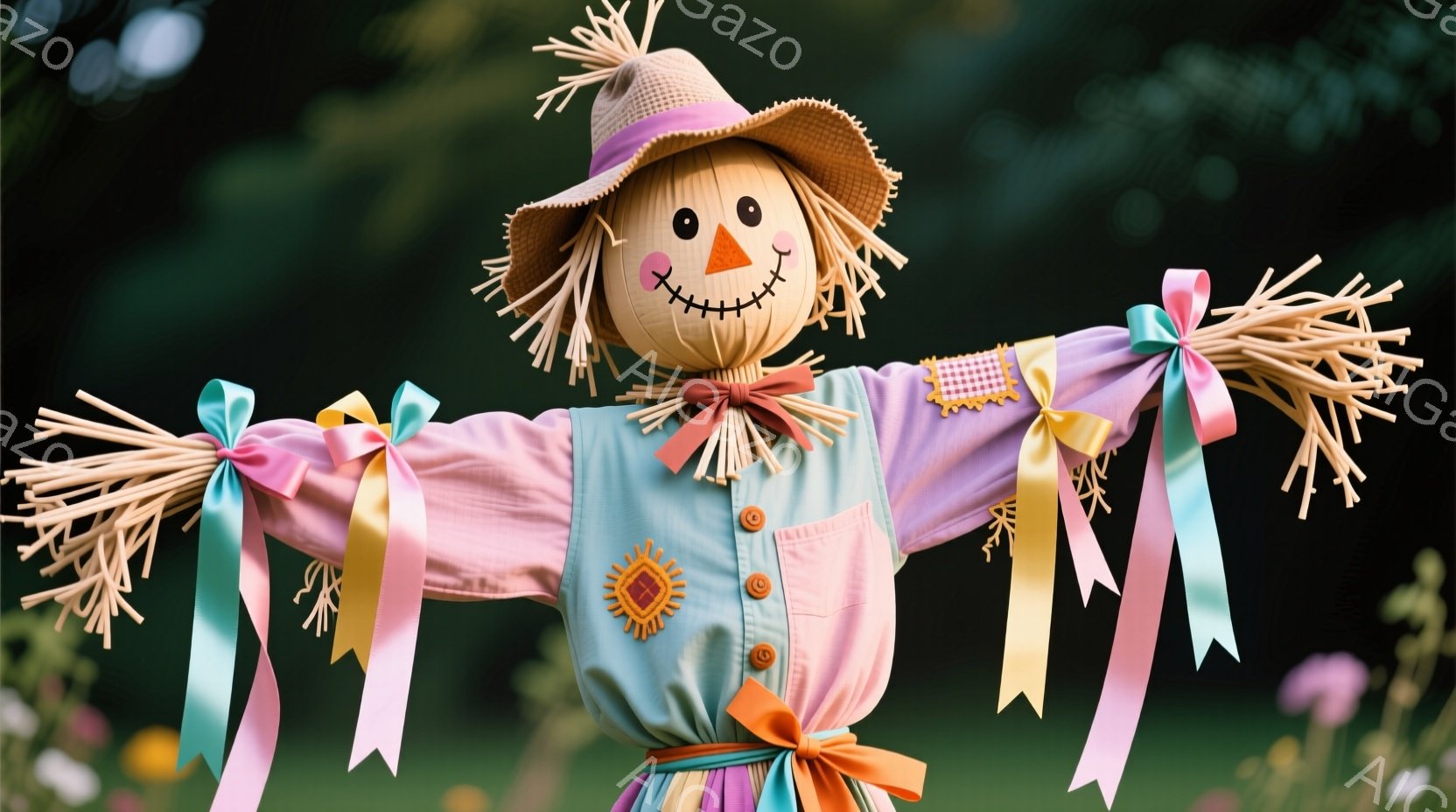 古びた麦わら帽子をかぶり、パッチワークの可愛らしい衣装を着たかかしが写っています。ピンク、水色、黄色と色とりどりのリボンが腕に結ばれており、陽気な表情をしています。背景には緑豊かな植物が見え、温かく穏 - AI生成フリー素材