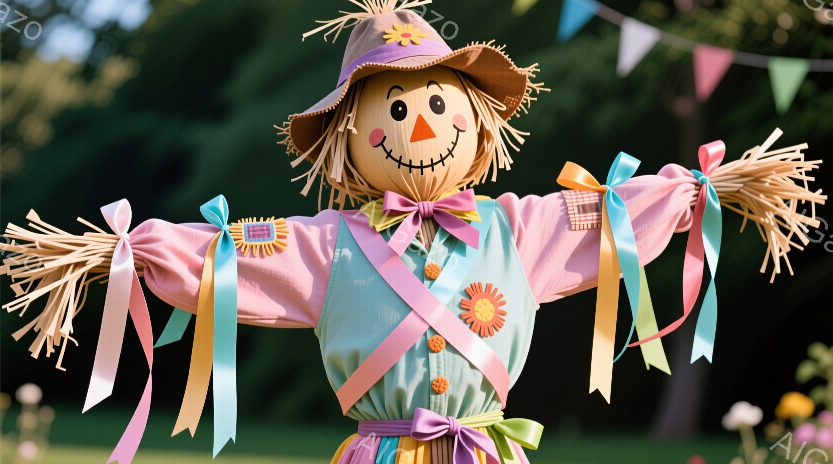藁で作られた人形で、水色のシャツにピンク色のスカートを着ています。頭には花飾り付きの麦わら帽子をかぶり、目は黒く、口は笑顔で、可愛らしい表情をしています。背景には緑の草地とぼやけた植物が見え、カラフルな旗が飾られており、温かく楽しい雰囲気を醸し出しています。