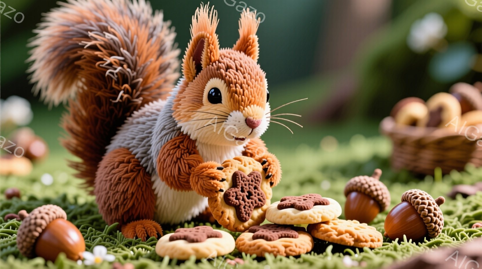 ふわふわの毛並みを持つリスが、クッキーをたくさん抱えています。緑色の芝生の上にクッキーとどんぐりが散らばっており、背景にはぼやけた自然が見えます。全体的に暖かく、可愛らしい雰囲気が漂っています。