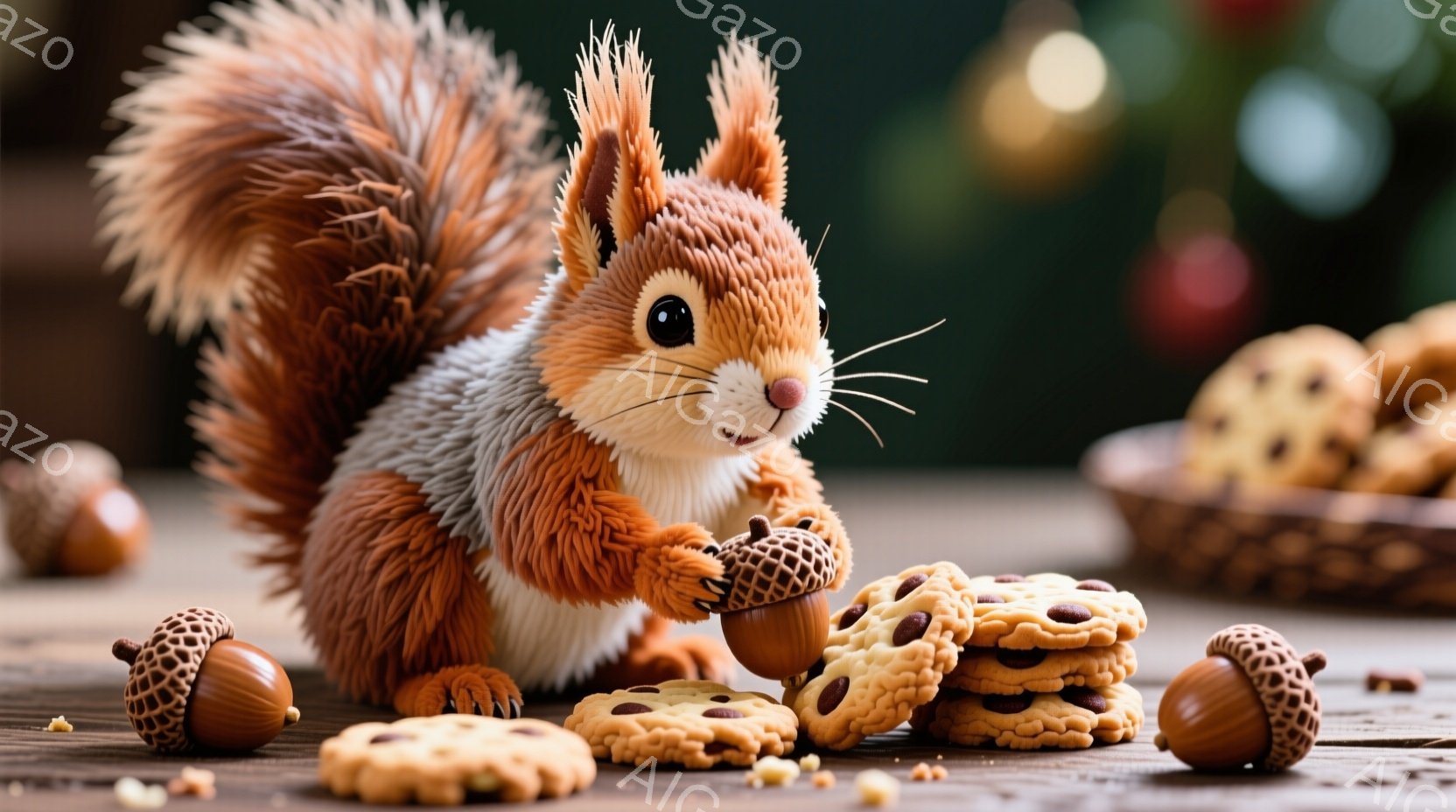 温かみのある木製のテーブルの上に、ふさふさとした毛並みのリスが座り、片手にドングリを持っています。周りには香ばしそうなクッキーや他のドングリが散らばっており、背景にはぼやけた緑色の装飾が見え、クリスマ - AI生成フリー素材