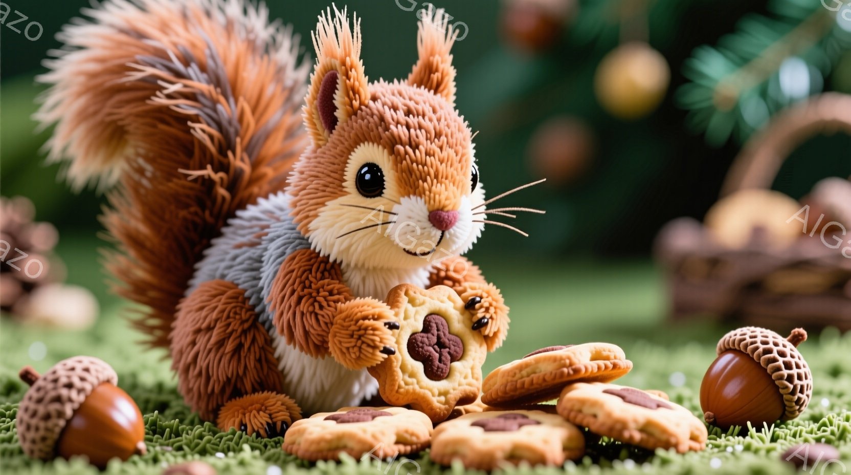 ふわふわの毛並みを持つリスが、クッキーを抱えて座っている様子を描いています。背景には緑色の芝生と、いくつかのどんぐりが散らばっており、遠くにはぼんやりと光るオブジェクトが見えます。全体的に、暖かく、可 - AI生成フリー素材
