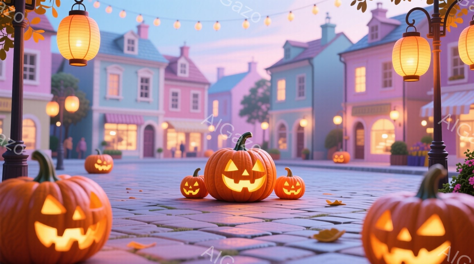 舗装された石畳の通りに、ジャック・オー・ランタンがいくつか並べられています。背景には、パステルカラーの可愛らしい建物が並び、オレンジ色の提灯が通りを照らしています。全体的に暖かく、お祭りやハロウィンの - AI生成フリー素材