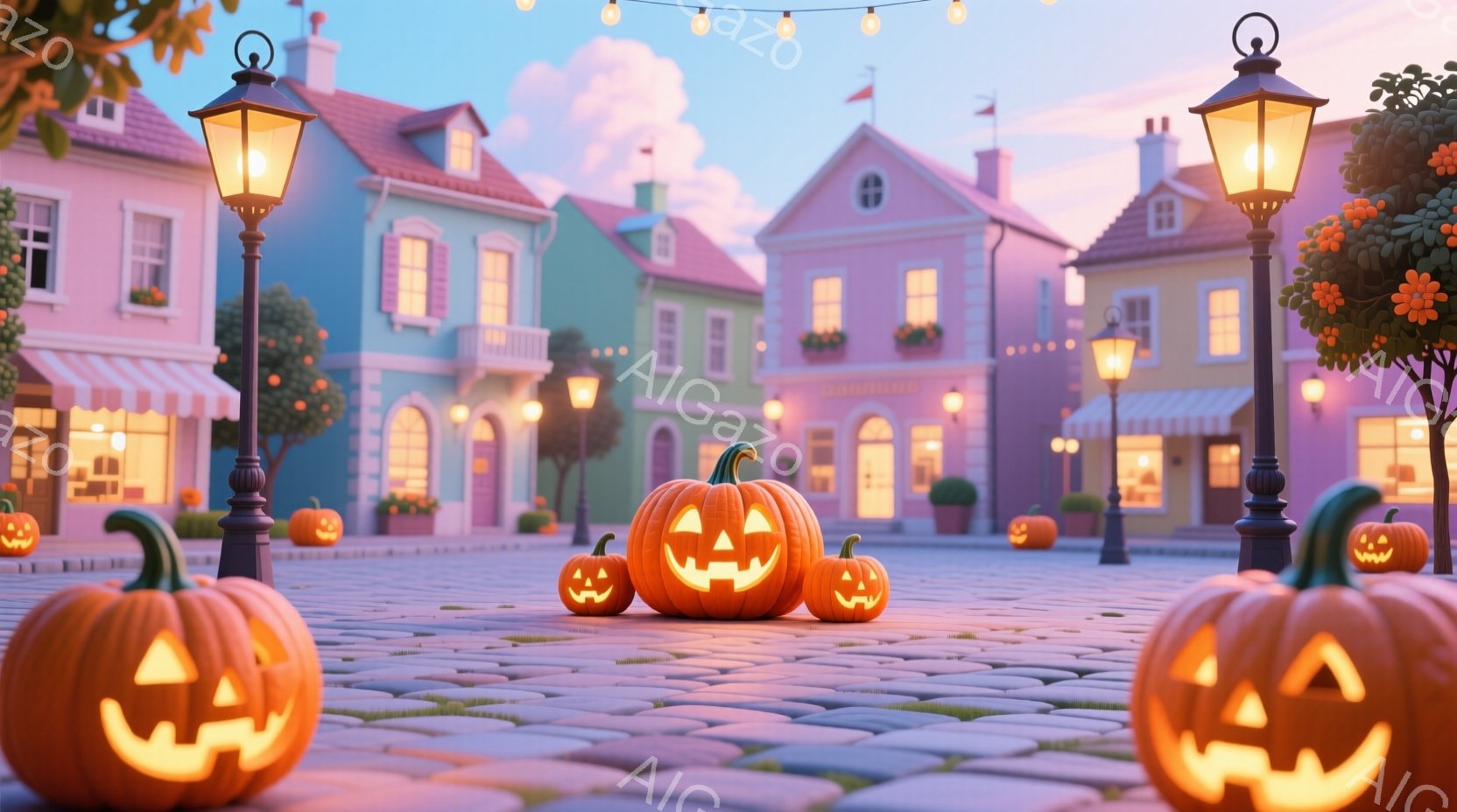 広場には、様々な大きさのジャック・オー・ランタンが並べられており、ハロウィンの雰囲気を醸し出しています。カラフルな建物が背景に広がっており、空は夕焼けのような暖かい色合いで、穏やかで祝祭的な雰囲気です - AI生成フリー素材
