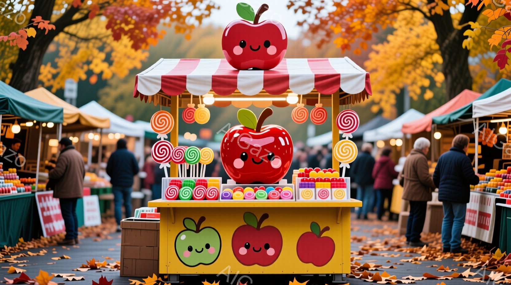 屋外の市場で、りんごをモチーフにした可愛い屋台が中央に位置しています。屋台の上には大きな笑顔のりんごのイラストがあり、カラフルなキャンディやチョコレートが並んでいます。背景には、色とりどりの屋台が並び - AI生成フリー素材