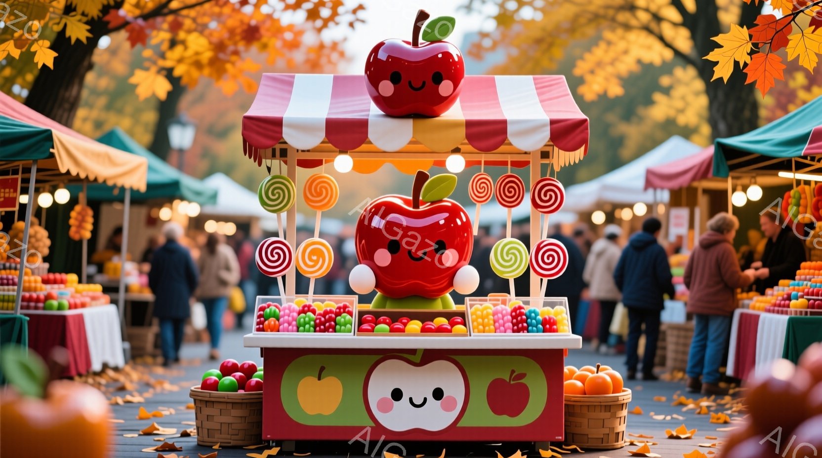 秋の屋外市場の様子を捉えています。りんごをモチーフにした可愛らしい屋台が中央にあり、カラフルなキャンディーやチョコレートが並べられています。背景には、様々な商品が並んだ屋台が点在し、人々が買い物を楽しんでいる様子が見て取れます。