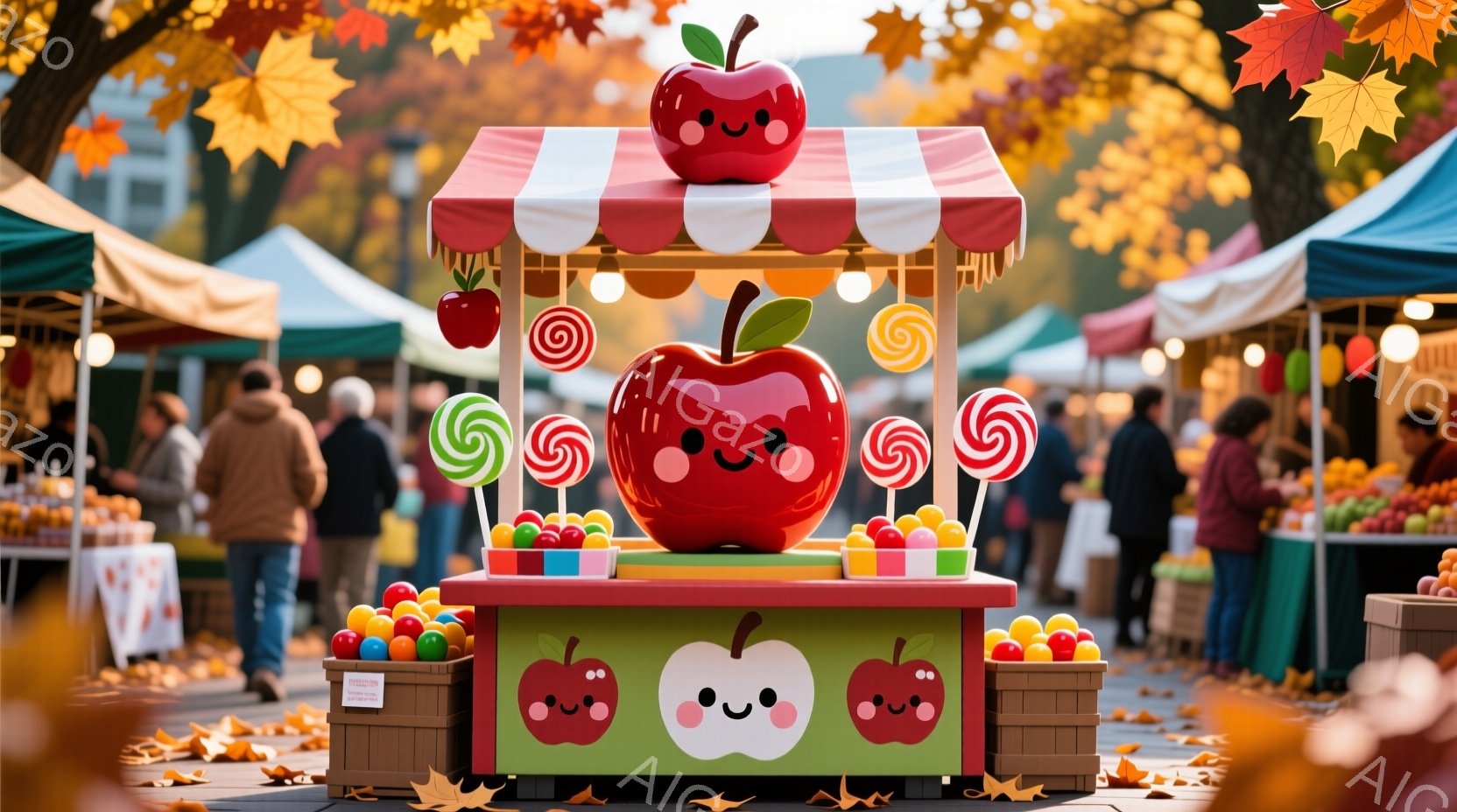 露天商が並ぶ市場の様子が描かれています。可愛らしい顔のリンゴが積み重ねられた露店が中央にあり、周囲にはキャンディやカラフルなボールが飾られています。背景には、人々が歩き回り、建物や木々が秋の色に染まり - AI生成フリー素材