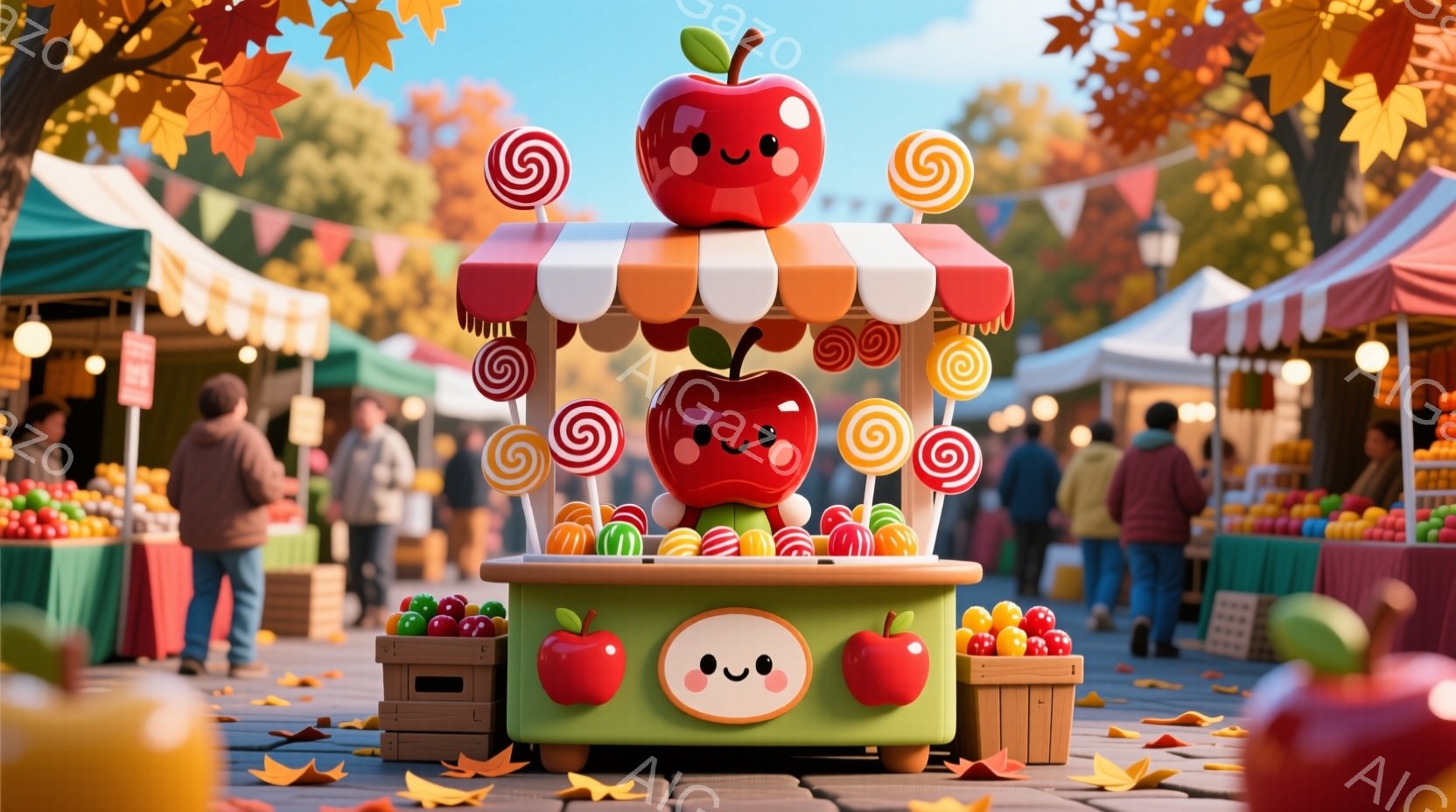 鮮やかな色彩の市場の風景で、可愛らしいリンゴのキャラクターが屋台のメインとして描かれています。人々はカジュアルな服装で、秋らしい背景の屋台を眺めており、全体的に暖かく、お祭り気分の漂う雰囲気です。落葉 - AI生成フリー素材