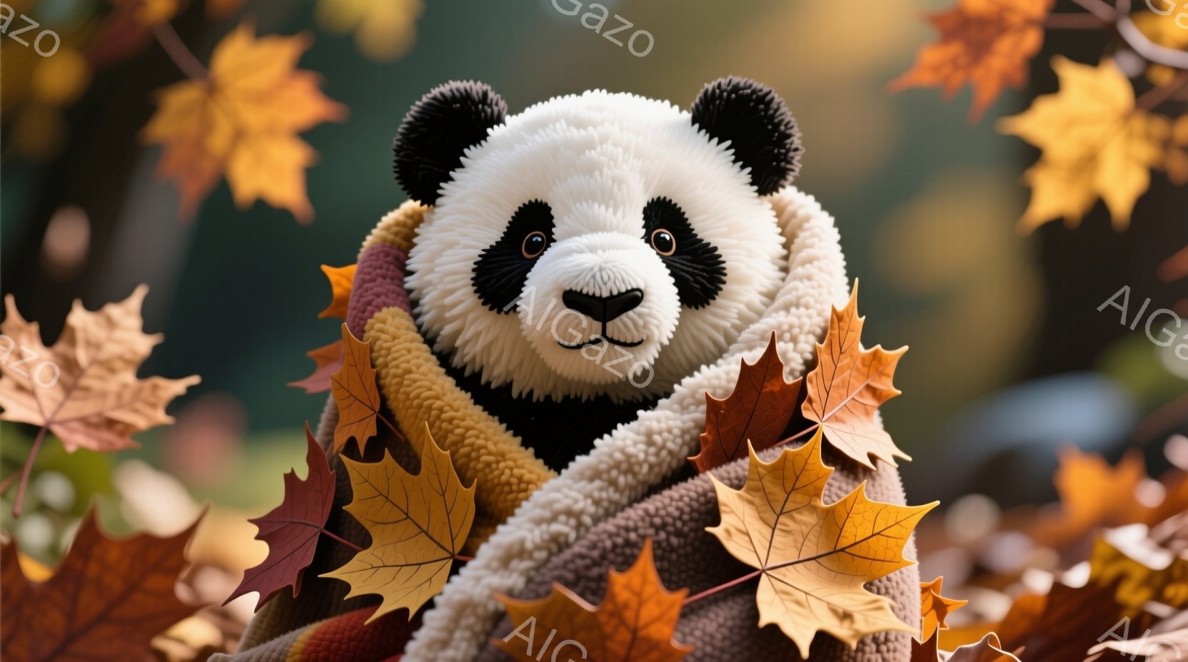 ふわふわのセーターを着たパンダが、落ち葉に囲まれてこちらを見ています。パンダは丸い体で、穏やかな表情を浮かべており、背景には秋らしいぼやけた自然の風景が広がっています。全体的に暖かく、心地よい秋の雰囲 - AI生成フリー素材