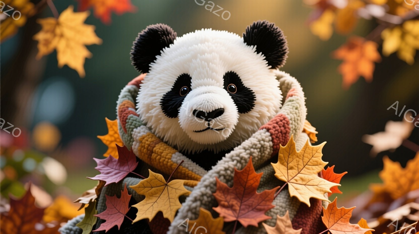 白いパンダが、オレンジ、茶色、ベージュの編み物のマフラーを首に巻いていて、穏やかな表情をしています。背景には、赤やオレンジ色の紅葉が散りばめられ、秋の暖かく穏やかな雰囲気を醸し出しています。パンダは少 - AI生成フリー素材