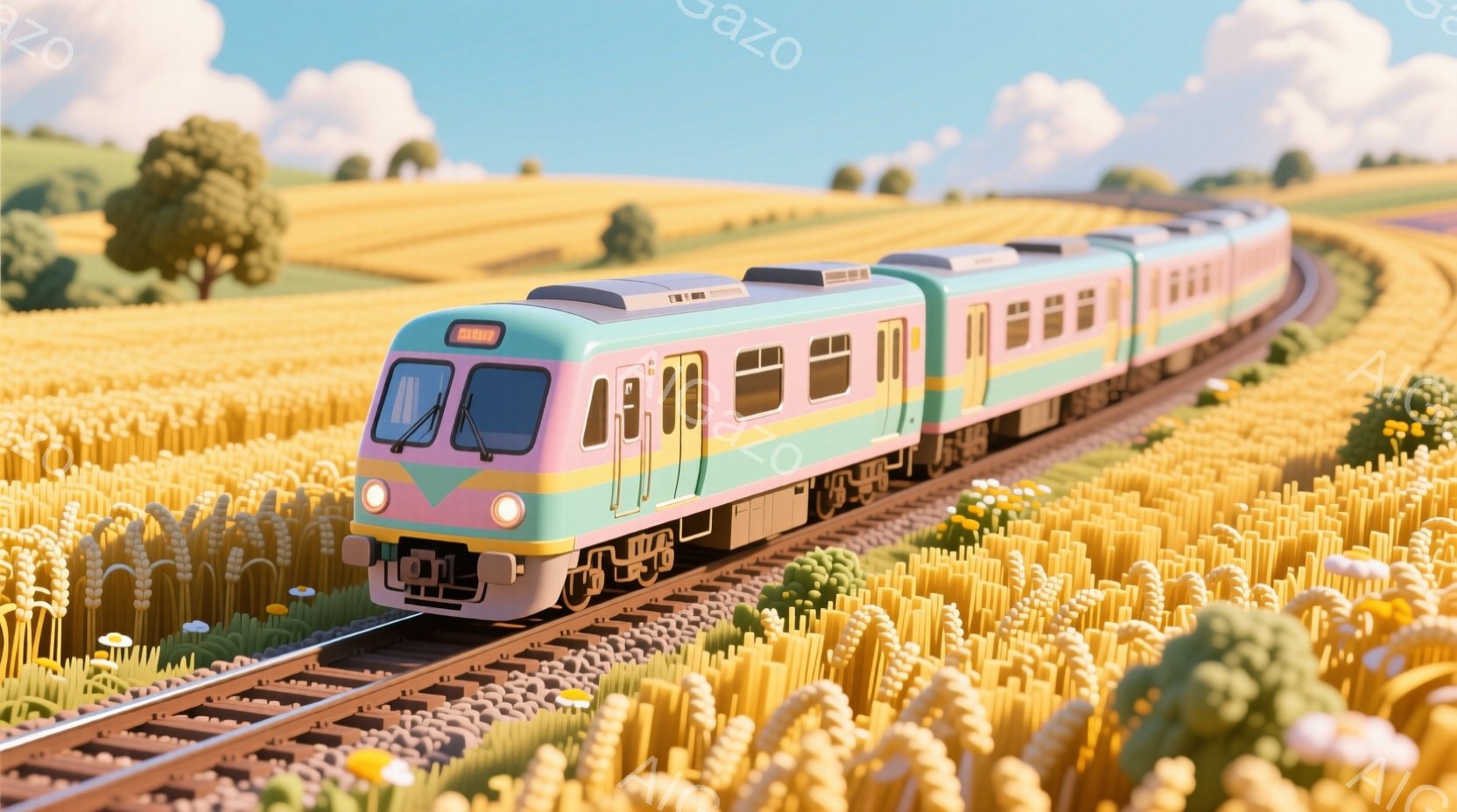 明るい黄色の麦畑の中を、ピンクと水色の列車が走っている。列車は未来的なデザインで、滑らかな曲線と大きな窓が特徴的だ。背景には緑の丘と青い空が広がり、全体的に穏やかで楽しい雰囲気を醸し出している。 - AI生成フリー素材