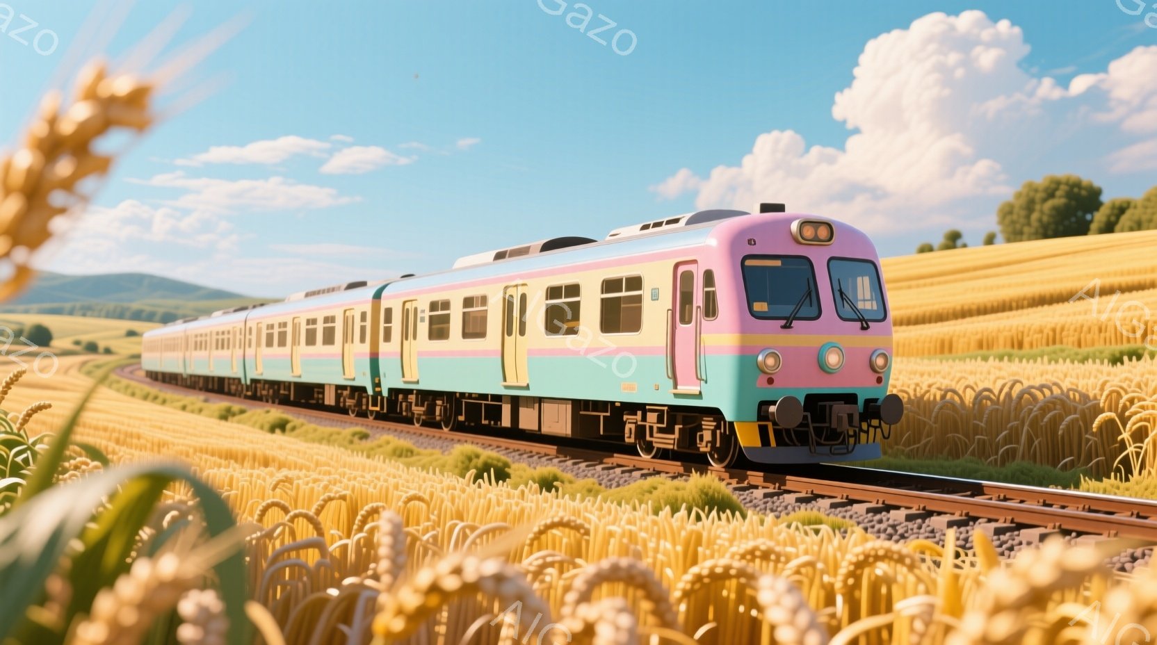 広大な麦畑の中を、カラフルな青とピンクの列車が走っている。列車は近代的なデザインで、窓が規則的に並び、前頭部は明るい色合いで塗装されている。背景には、緑豊かな丘と澄んだ青空が広がり、温暖な夏の日の穏や - AI生成フリー素材