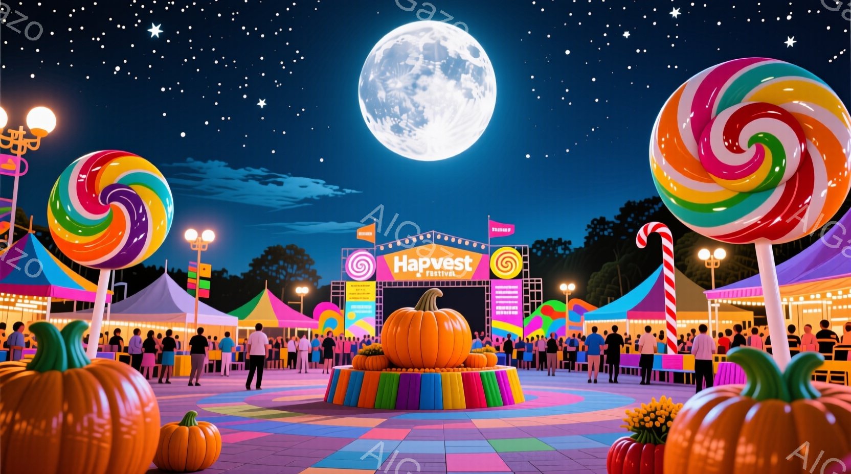 カラフルなキャンディとカボチャの装飾が施された賑やかなお祭りの様子が描かれています。人々はカジュアルな服装で、楽しそうに歩き回ったり、談笑したりしています。背景には、色とりどりのテントや、満月が輝く夜 - AI生成フリー素材