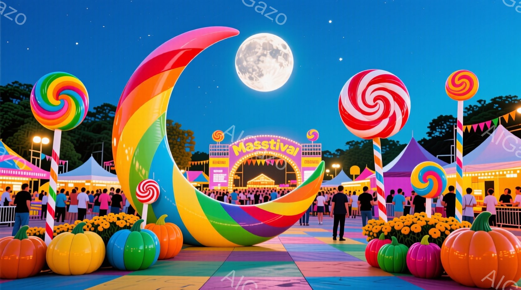 夜空の下、カラフルなキャンディとカボチャが並ぶ賑やかなイベント会場が描かれています。多くの人々がカジュアルな服装で集まり、楽しんでいる様子が伺えます。背景には、ステージやテントが立ち並び、華やかな雰囲 - AI生成フリー素材