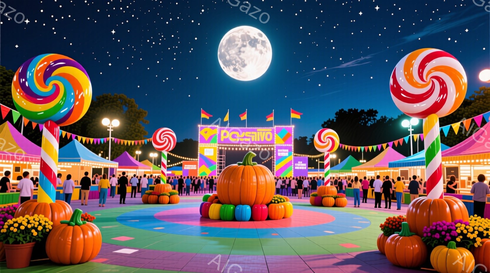 カラフルなキャンディとカボチャが並ぶ賑やかな夜のイベント会場です。多くの人々がカジュアルな服装で、楽しそうに歩き回ったり、立ち話したりしています。背景には、提灯やゲームブースが並び、満月が輝く夜空が広 - AI生成フリー素材
