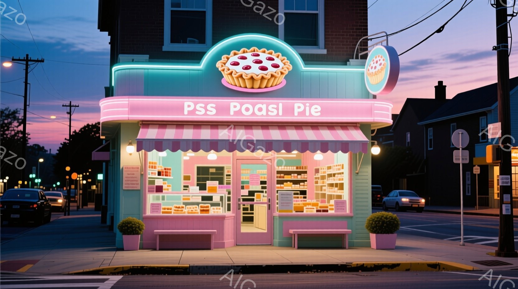 パステルカラーの可愛らしい店構えのケーキ屋「Pss Posi Pie」が描かれている。夕暮れ時の街並みが背景に広がり、淡いピンク、水色、クリーム色の配色が印象的で、どこか懐かしい雰囲気を醸し出している。店先には鉢植えの植物が置かれ、ショーウィンドウには色とりどりのパイが並べられている。
