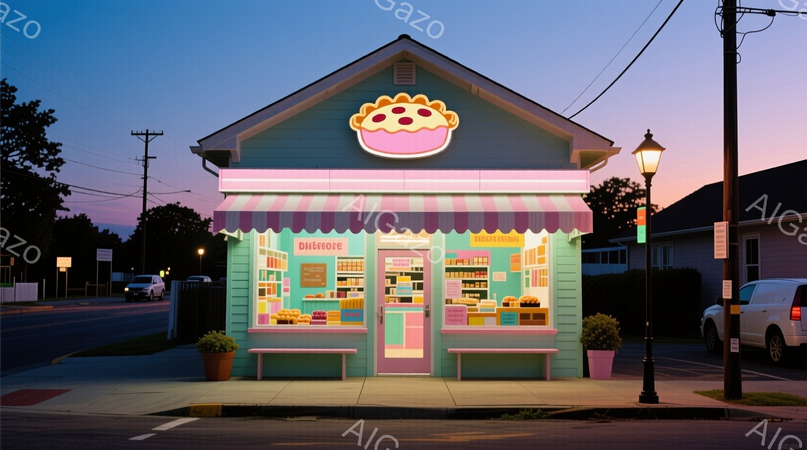 明るいターコイズ色の小さな店舗が、夕暮れ時の住宅街に建っている。ピンクと白のストライプがアクセントになったオーニングの下には、様々な焼き菓子が並び、店名は「Duffee's」と読める。周辺は木々や住宅があり、穏やかで夢のような雰囲気を醸し出している。