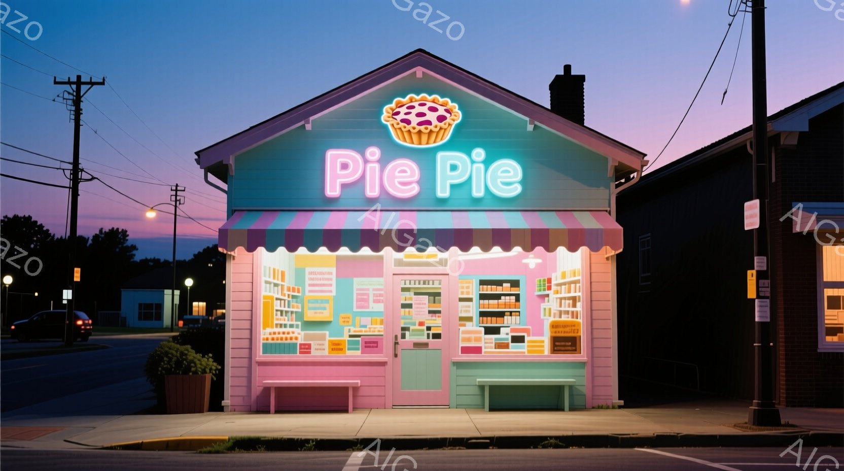 ピンクと水色の可愛らしいケーキ屋が、夕暮れ時の街並みに佇んでいます。ショーケースには様々なケーキが並び、店先には小さなベンチが置かれています。空は夕焼けの色合いで、柔らかく穏やかな雰囲気を醸し出しています。