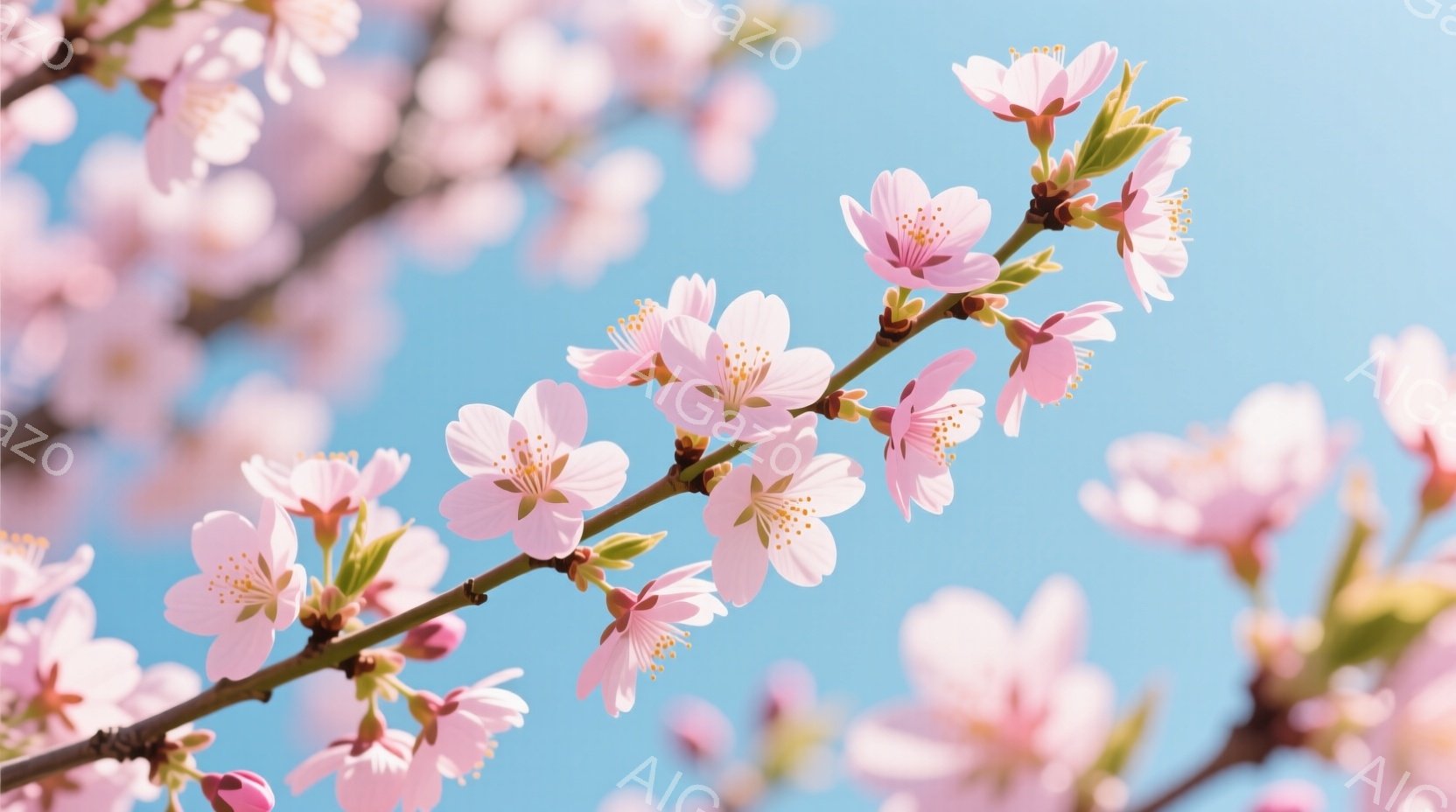 浅いピンク色の美しい梅の花が、細い枝に咲き乱れている様子が捉えられています。空は穏やかな水色で、背景にぼやけており、梅の花が際立っています。春の暖かさと優雅さを感じさせる、穏やかな雰囲気の写真です。