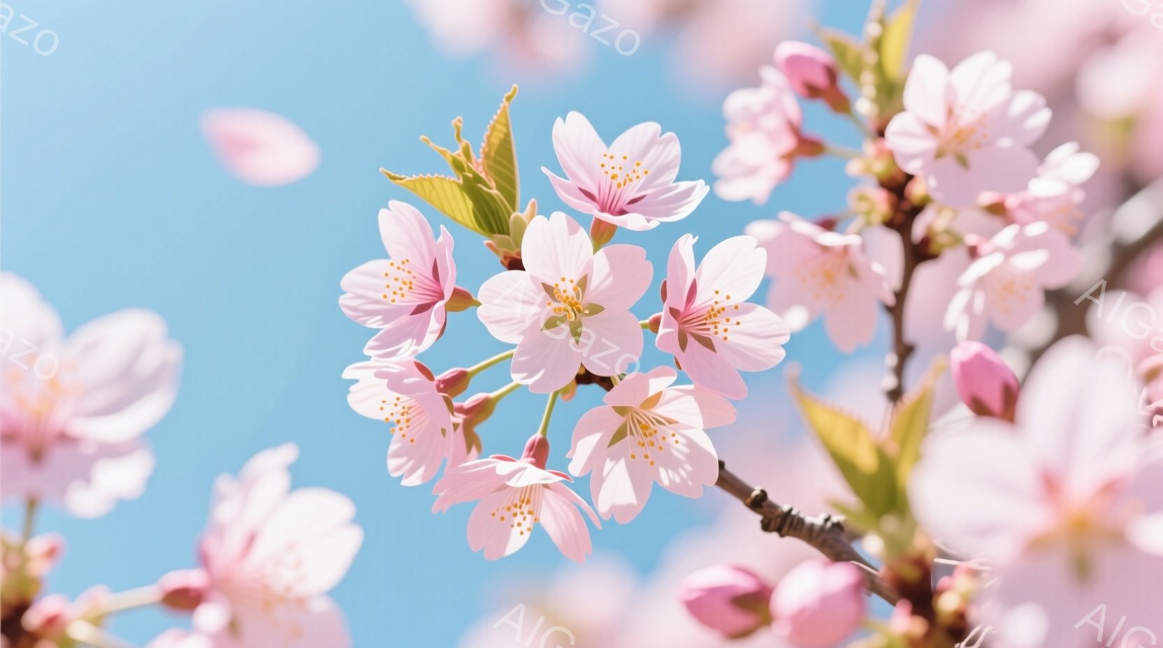 鮮やかな青空を背景に、桜の花が咲き誇る枝が写っている。淡いピンク色の花びらは、春の暖かさと生命力を感じさせ、新緑の葉とのコントラストが美しい。背景の空は澄み切っており、春の穏やかな雰囲気を強調している - AI生成フリー素材