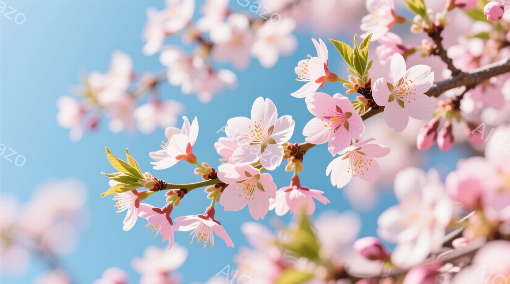 桜の花が咲き誇る枝が、鮮やかな青空を背景に写っている。淡いピンク色の花びらは繊細で、新緑の葉っぱとのコントラストが美しい。春の訪れを感じさせる、明るく穏やかな雰囲気の画像である。