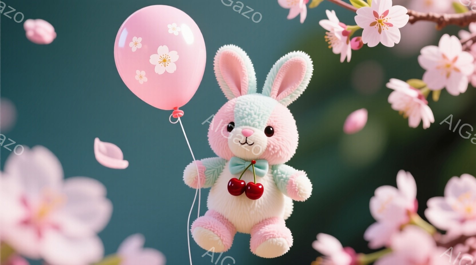 ふわふわのピンク色のウサギのぬいぐるみは、桜色の水玉模様の風船と赤いチェリーの弓タイを身につけています。ウサギは空中に浮遊し、穏やかで幸せそうな表情をしています。背景には桜の花が咲き乱れ、春の暖かく優しい雰囲気を醸し出しています。